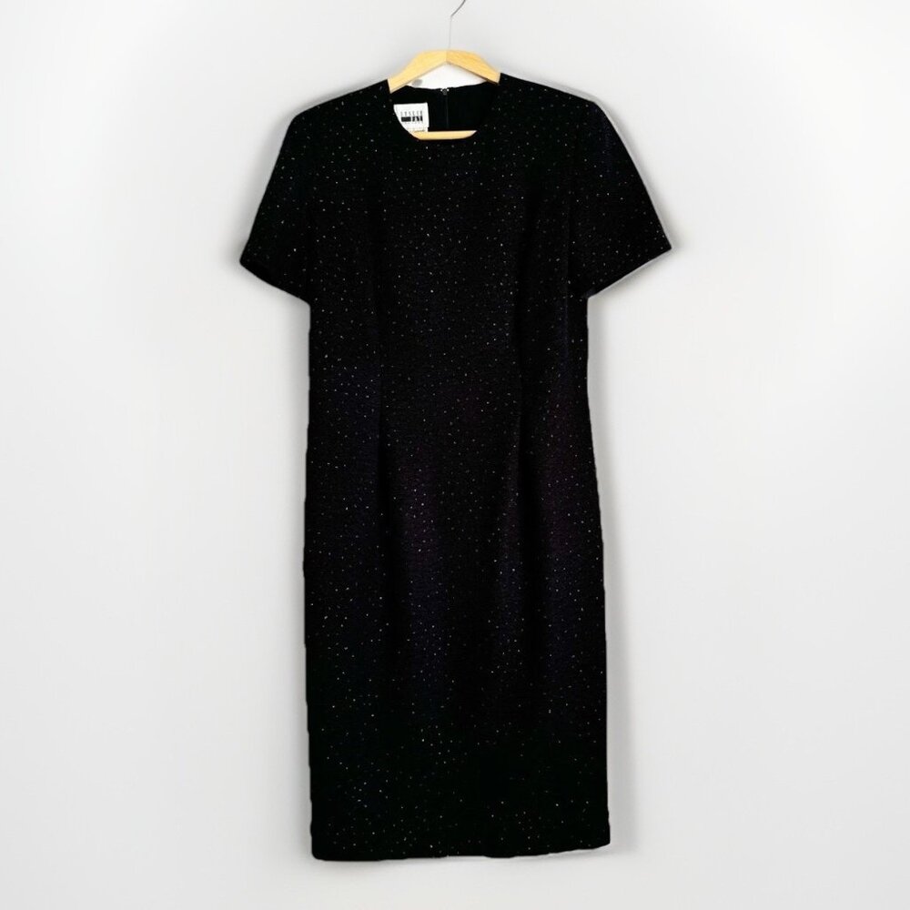 VTG Leslie Fay Black Shimmer Sheath Dress 8 Textured Minimalist Cocktail Career
